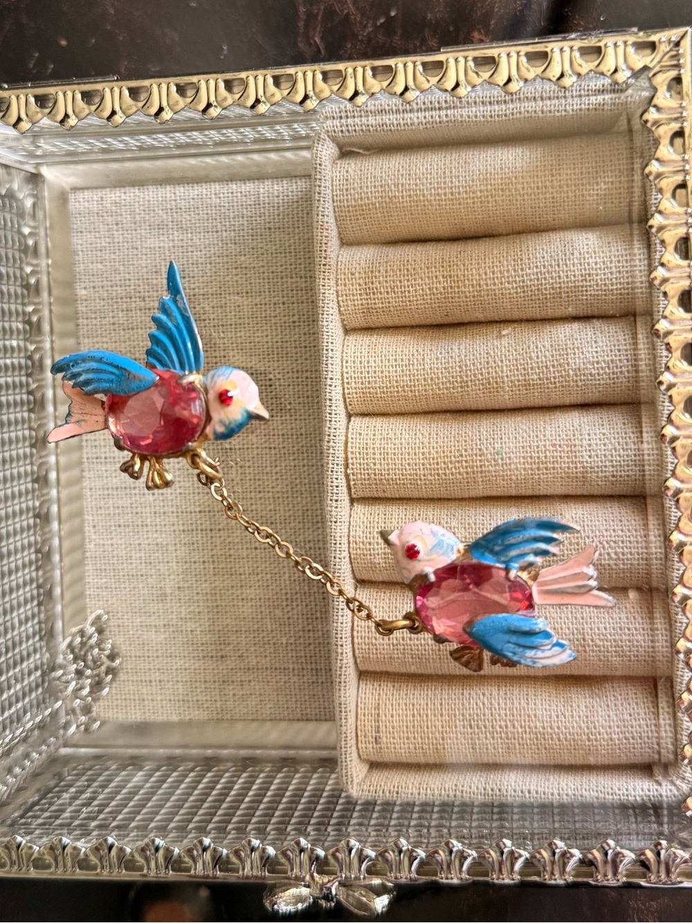 Vintage Blue & Pink Enamel Bird Chain Brooch - Decorative Double Bird Pin